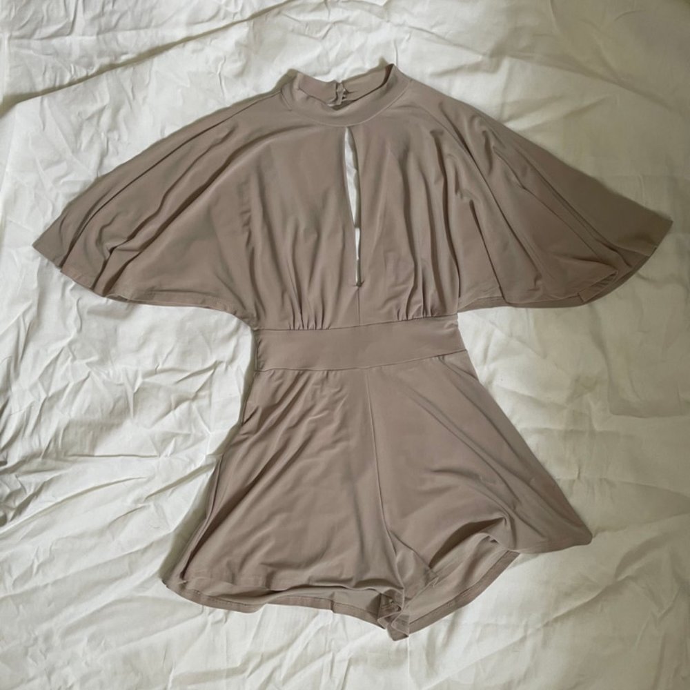 Beige Romper- Flouncy Sleeves and Keyhole Back